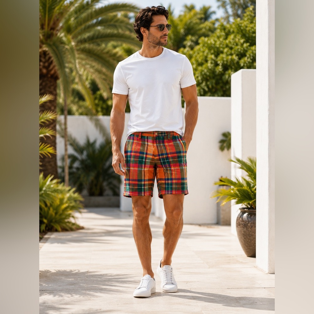 Ralph Lauren Polo Golf Vintage 100% Linen Orange Green Plaid Flat Front Shorts